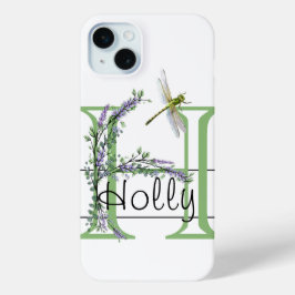 Alfabet letter H, waterverf Lavendel Dragonfly iPhone 15 Mini Hoesje