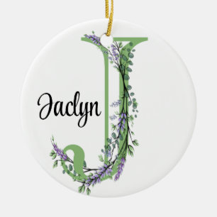 Alfabet letter J, waterverf Lavendel botanisch Keramisch Ornament