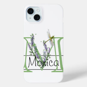 Alfabet letter M, waterverf Lavendel Dragonfly iPhone 15 Mini Hoesje