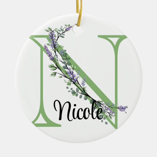 Alfabet letter N, waterverf Lavendel botanisch Keramisch Ornament (Voorkant)