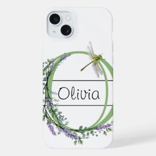 Alfabet letter O, waterverf Lavendel Dragonfly iPhone 15 Plus Case