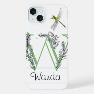 Alfabet letter W, waterverf Lavendel Dragonfly iPhone 15 Plus Case