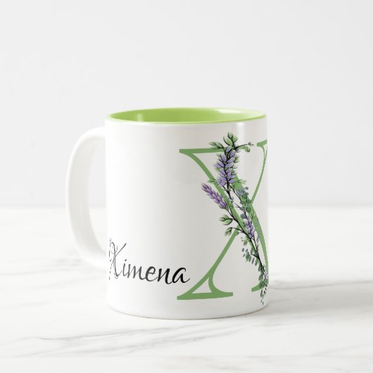 Alfabet letter X, waterverf Lavendel botanisch Tweekleurige Koffiemok (Voorkant links)