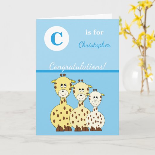 Alfabet naam nieuwe baby schattige giraffen blauw kaart (Gele Bloem)