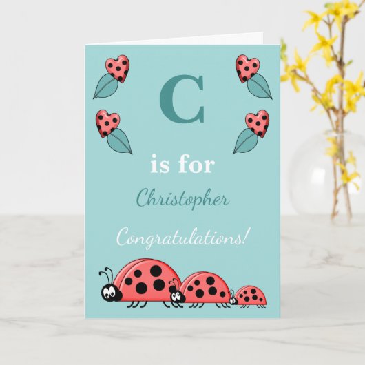 Alfabet naam nieuwe baby schattige lieveheersbeest kaart (Gele Bloem)