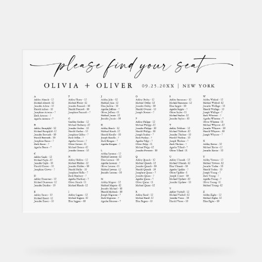 Alfabet tot 159 personen Zitplaatskaart Acryl Acryl Bord (Voorkant)