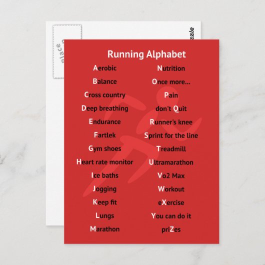Alfabet voor runners rood briefkaart (Voorkant / Achterkant)