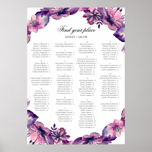 Alfabet-zitplaatsingsschema. Paarse en roze bloeme Poster (Voorkant)