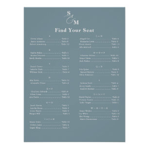 Alfabetisch Klassiek Monogram Blauw Zitplaatskaart Perfect Poster