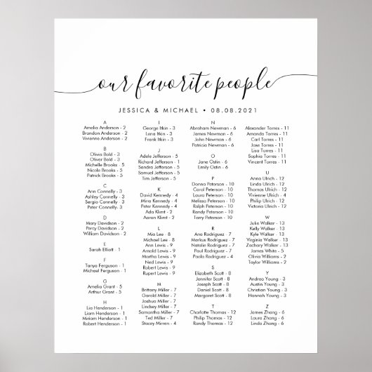 Alfabetisch Onze favoriete Mensen Zittingkaart Poster (Voorkant)