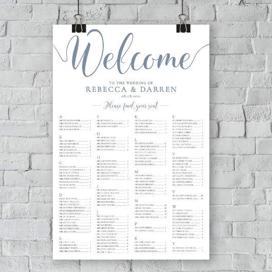 Alfabetisch tabelplan Stustblauw Zitdiagram Poster