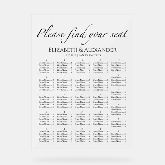 Alfabetische bruiloft Acryl Zitting Grafiek Bord (Voorkant)