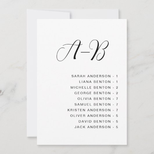 Alfabetische bruiloft zitgrafiek Kaart (Voorkant)