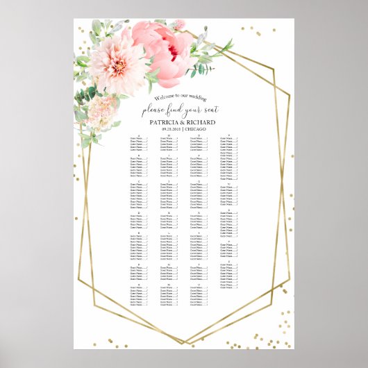 Alfabetische bruiloft - Zitkaart Blush Floral Poster (Voorkant)