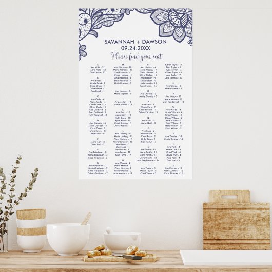 Alfabetische plattegrond van Floral Navy Blue Lace Poster (Keuken)