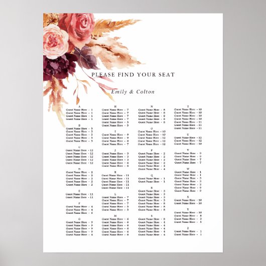 Alfabetische volgorde Floral Wedding Seating Chart Poster (Voorkant)