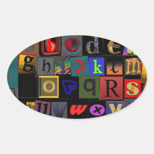 Alfabetsoep, mozaïek letters ontwerp, leuk kleurri ovale sticker