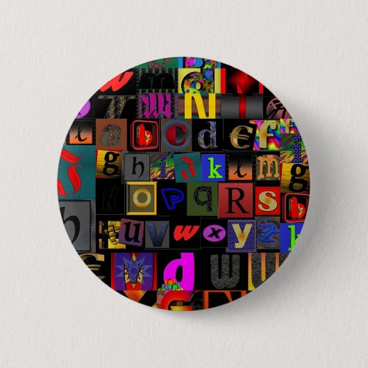Alfabetsoep, mozaïek letters ontwerp, leuk kleurri ronde button 5,7 cm (Voorkant)
