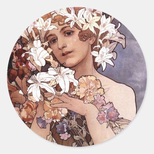 Alfons Mucha: Bloem Ronde Sticker (Voorkant)