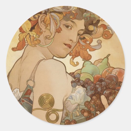 Alfons Mucha - Fruit Ronde Sticker (Voorkant)