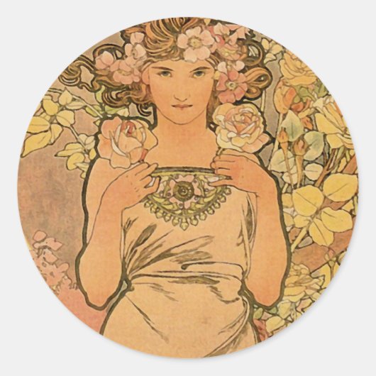 Alfons Mucha ~ Het roos Ronde Sticker (Voorkant)