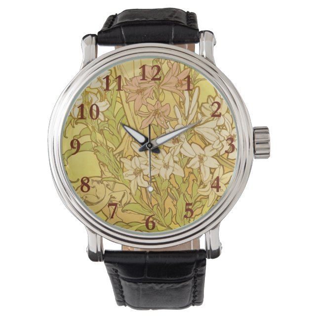 Alfonse Mucha Art Nouveau-bloemen Horloge (Voorkant)