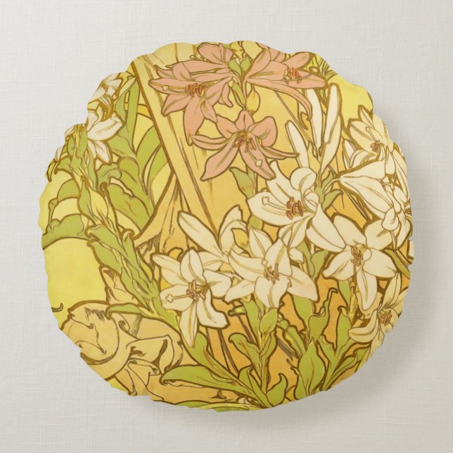 Alfonse Mucha Art Nouveau-bloemen Rond Kussen (Voorkant)