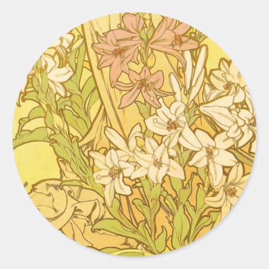 Alfonse Mucha Art Nouveau-bloemen Ronde Sticker (Voorkant)