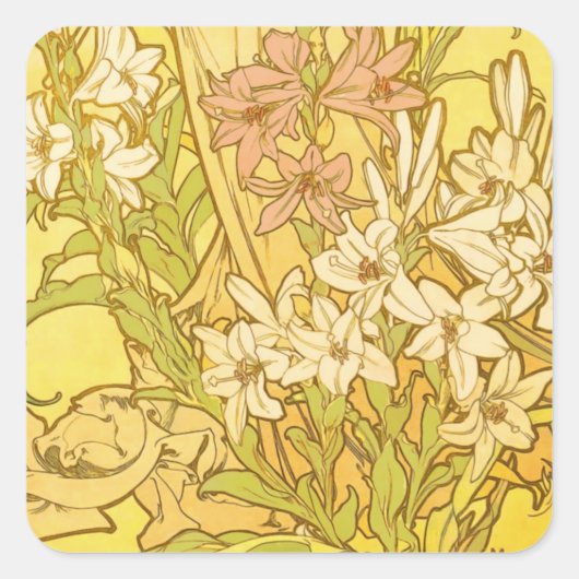 Alfonse Mucha Art Nouveau-bloemen Vierkante Sticker (Voorkant)