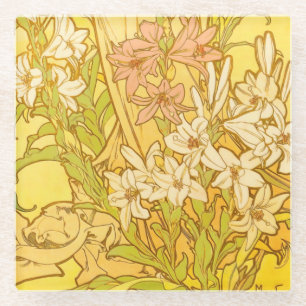 Alfonse Mucha Art Nouveau lelie bloemen Glazen Onderzetter