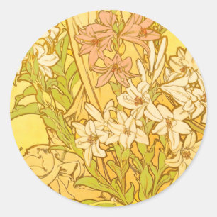 Alfonse Mucha Art Nouveau lelie bloemen Ronde Sticker