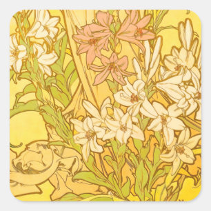Alfonse Mucha Art Nouveau lelie bloemen Vierkante Sticker