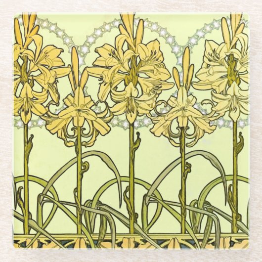 Alfonse Mucha Art Nouveau Lily Floral Pattern Glazen Onderzetter (Voorkant)