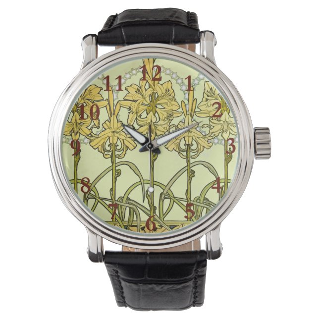 Alfonse Mucha Art Nouveau Lily Floral Pattern Horloge (Voorkant)
