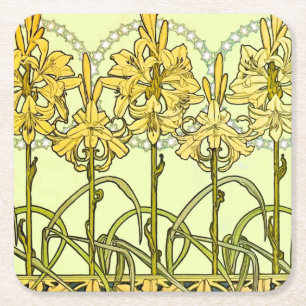 Alfonse Mucha Art Nouveau Lily Floral Pattern Kartonnen Onderzetters