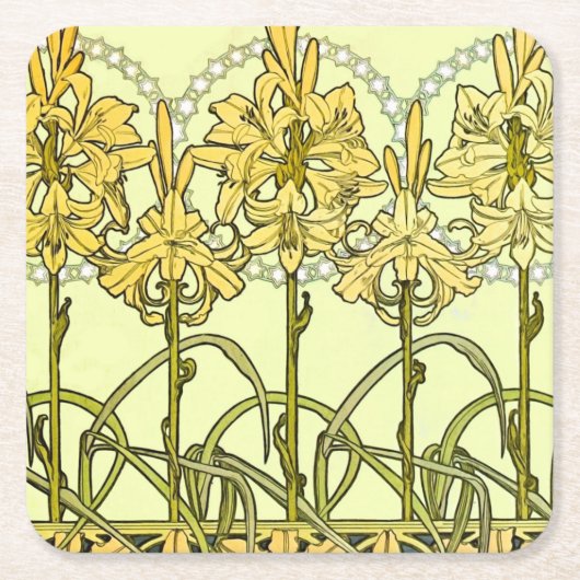 Alfonse Mucha Art Nouveau Lily Floral Pattern Kartonnen Onderzetters (Voorkant)