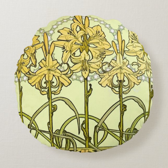 Alfonse Mucha Art Nouveau Lily Floral Pattern Rond Kussen (Voorkant)