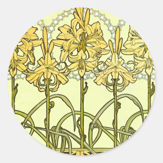 Alfonse Mucha Art Nouveau Lily Floral Pattern Ronde Sticker (Voorkant)