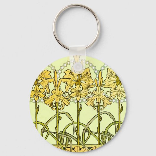 Alfonse Mucha Art Nouveau Lily Floral Pattern Sleutelhanger (Voorkant)