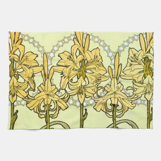 Alfonse Mucha Art Nouveau Lily Floral Pattern Theedoek (Horizontaal)