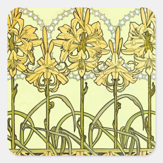 Alfonse Mucha Art Nouveau Lily Floral Pattern Vierkante Sticker (Voorkant)
