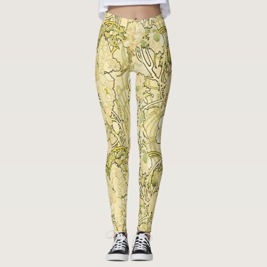 Alfonse Mucha Art Nouveau Peonies Botanical Art Leggings (Voorkant)