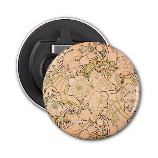 Alfonse Mucha Art Nouveau Peonies Button Flesopener (Voorkant)