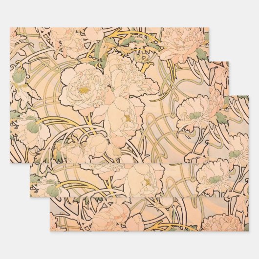Alfonse Mucha Art Nouveau Peonies Inpakpapier Vel (Set)