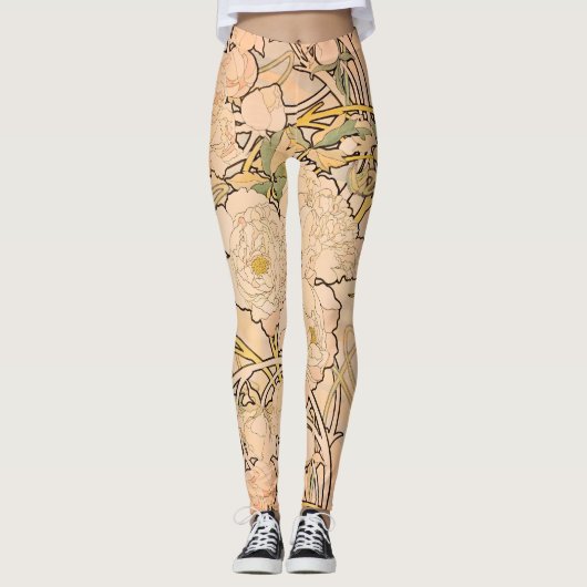 Alfonse Mucha Art Nouveau Peonies Leggings (Voorkant)