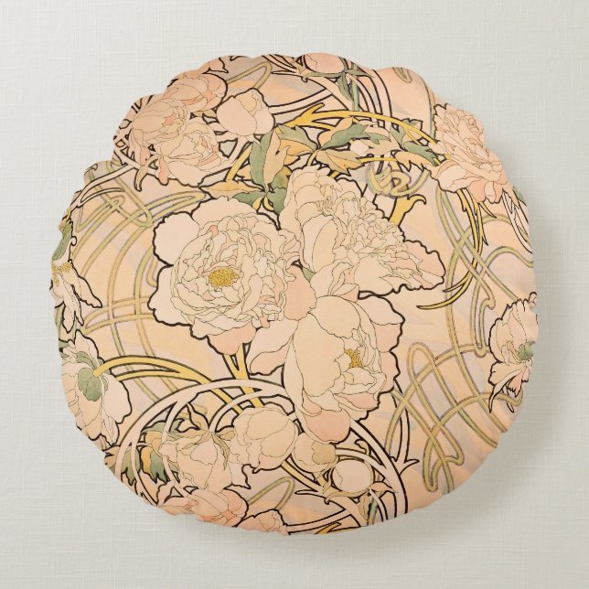Alfonse Mucha Art Nouveau Peonies Rond Kussen (Voorkant)