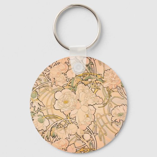 Alfonse Mucha Art Nouveau Peonies Sleutelhanger (Voorkant)
