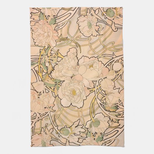 Alfonse Mucha Art Nouveau Peonies Theedoek (Verticaal)