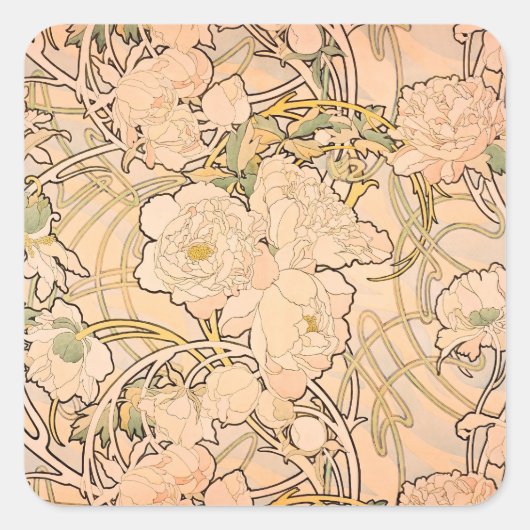 Alfonse Mucha Art Nouveau Peonies Vierkante Sticker (Voorkant)