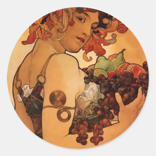 Alfonse Mucha Fruit Ronde Sticker (Voorkant)